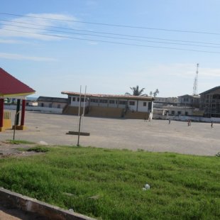 Courtyard where children play soccer