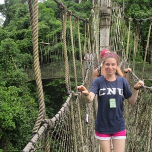 Stef completeing her wlak across 1 of 7 very narrow and very shaky canopy bridges