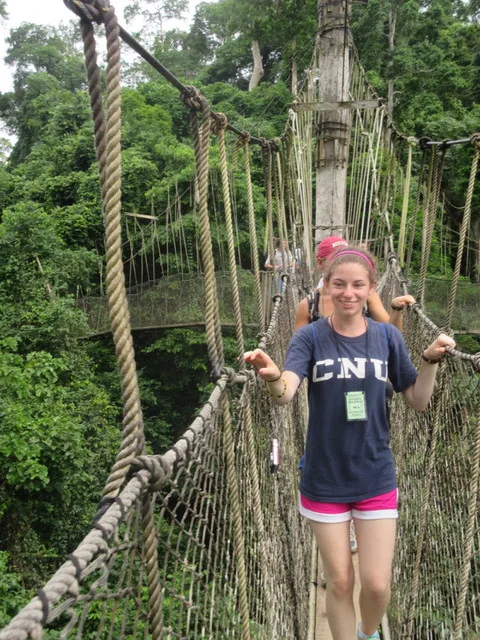 Stef completeing her wlak across 1 of 7 very narrow and very shaky canopy bridges